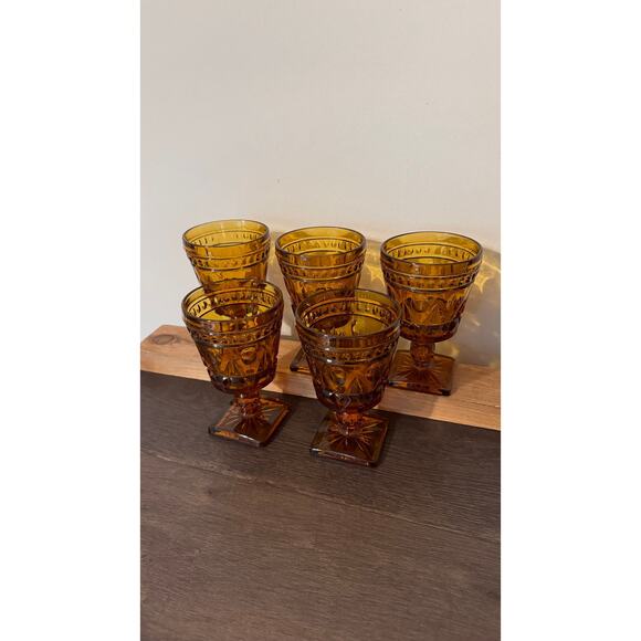 Set of 5 Vintage Indiana Glass Amber Goblets - Picture 3 of 3